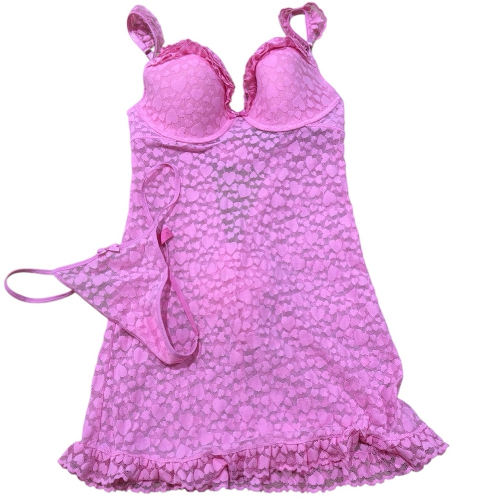 Victoria’s Secret pink lace babydoll with matching thong panties Size L